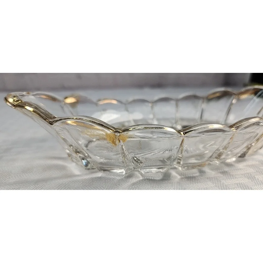 Vintage Pressed Glass Oval Relish Dish Scalloped Gold Brushed Rim Starburst Base